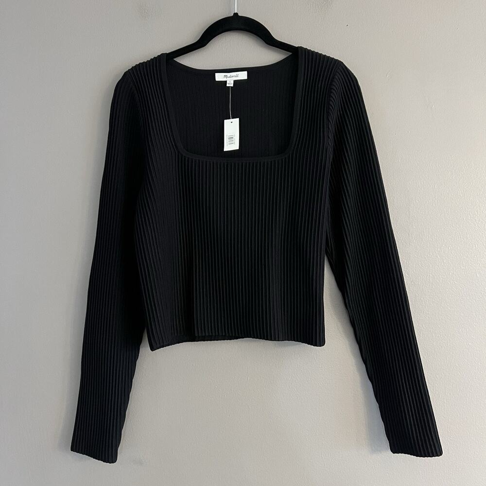 Madewell Ottoman Pullover Crop Sweater Ribbed Square Neckline Black Large
